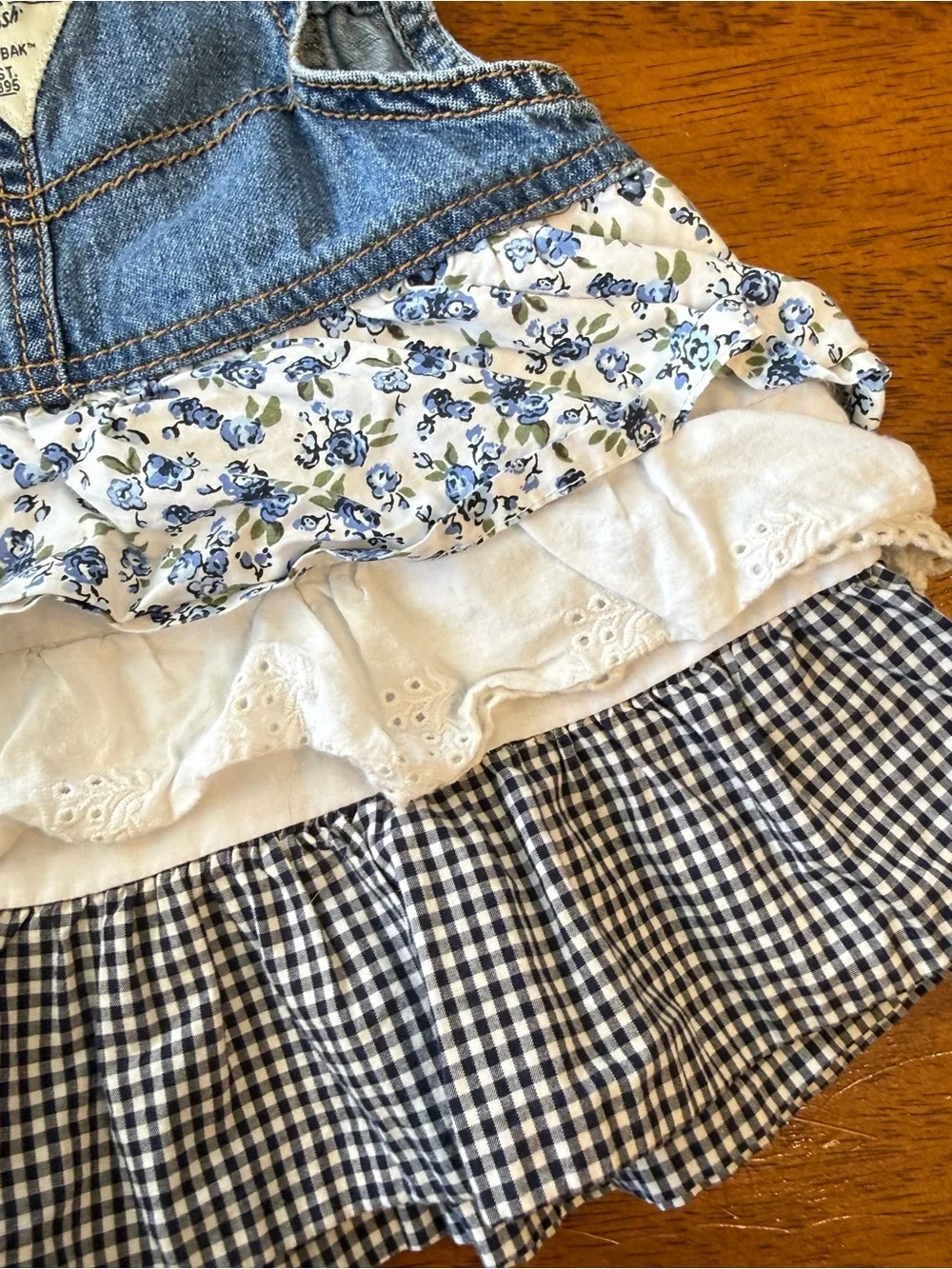 OshKosh Denim Tiered Ruffle Jumper Dress Cottagecore Floral Gingham size 18 m